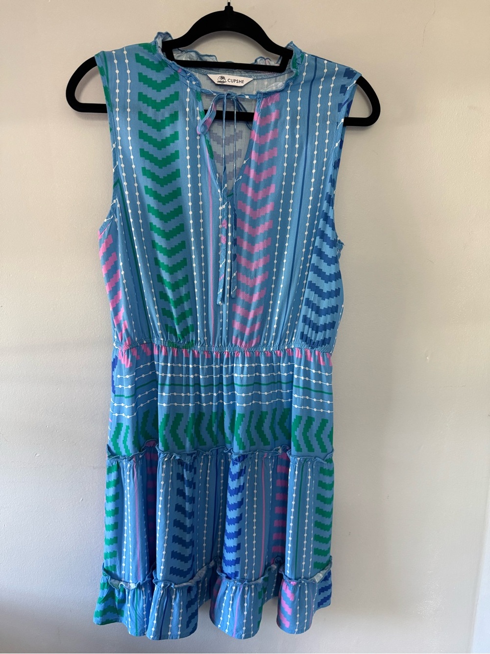 Cupshe Blue Dress with Green and Pink Chevron Stripes